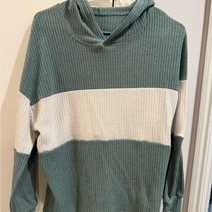 Ribbed Colorblock Hoodie Sweater - Green and Cream